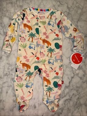 NWT Magnetic Me Cream Multi Safari & Tropical Print Footed One-Piece 0/3M